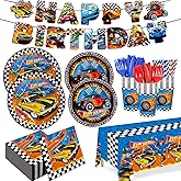 194pcs Birthday Party Decorations Supplies Race Car Plates Napkins Banner Tablecloth Disposable Parper Cups Straws Tableware Set for Kids Boys Birthday Decor 24 Guests