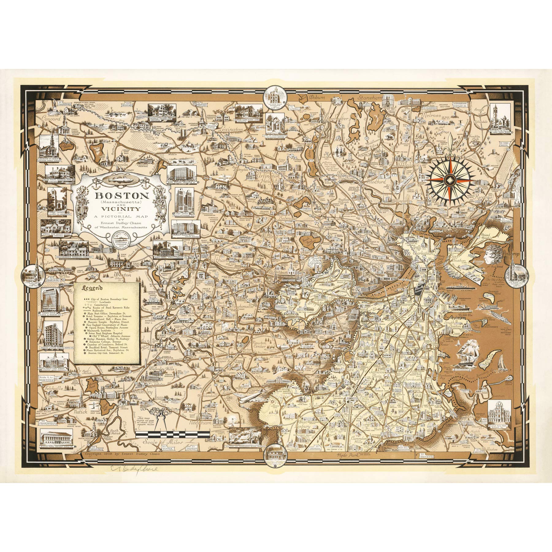 Artery8 Map Ernest Dudley Chase 1938 Boston Ma Pictorial Large Wall Art Poster Print Thick Paper 18X24 Inch