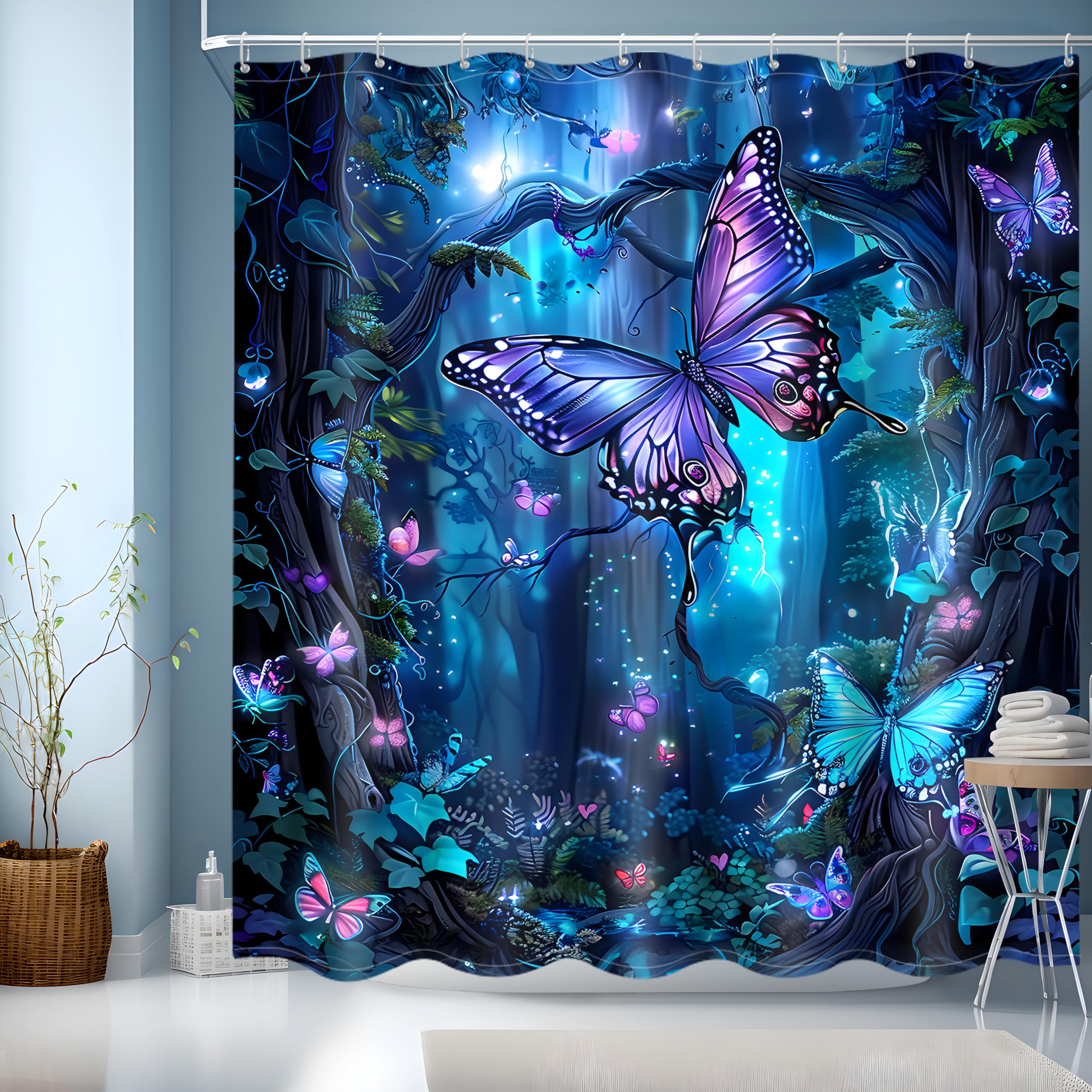 JINGYOU Blue Shower Curtain,Bathroom Shower Curtain 200cm Drop,Weighted Shower Curtains for Bathroom,3D HD Butterfly Theme Bath Curtain with 12 Hooks- Shower Curtains 180 x 200cm Drop