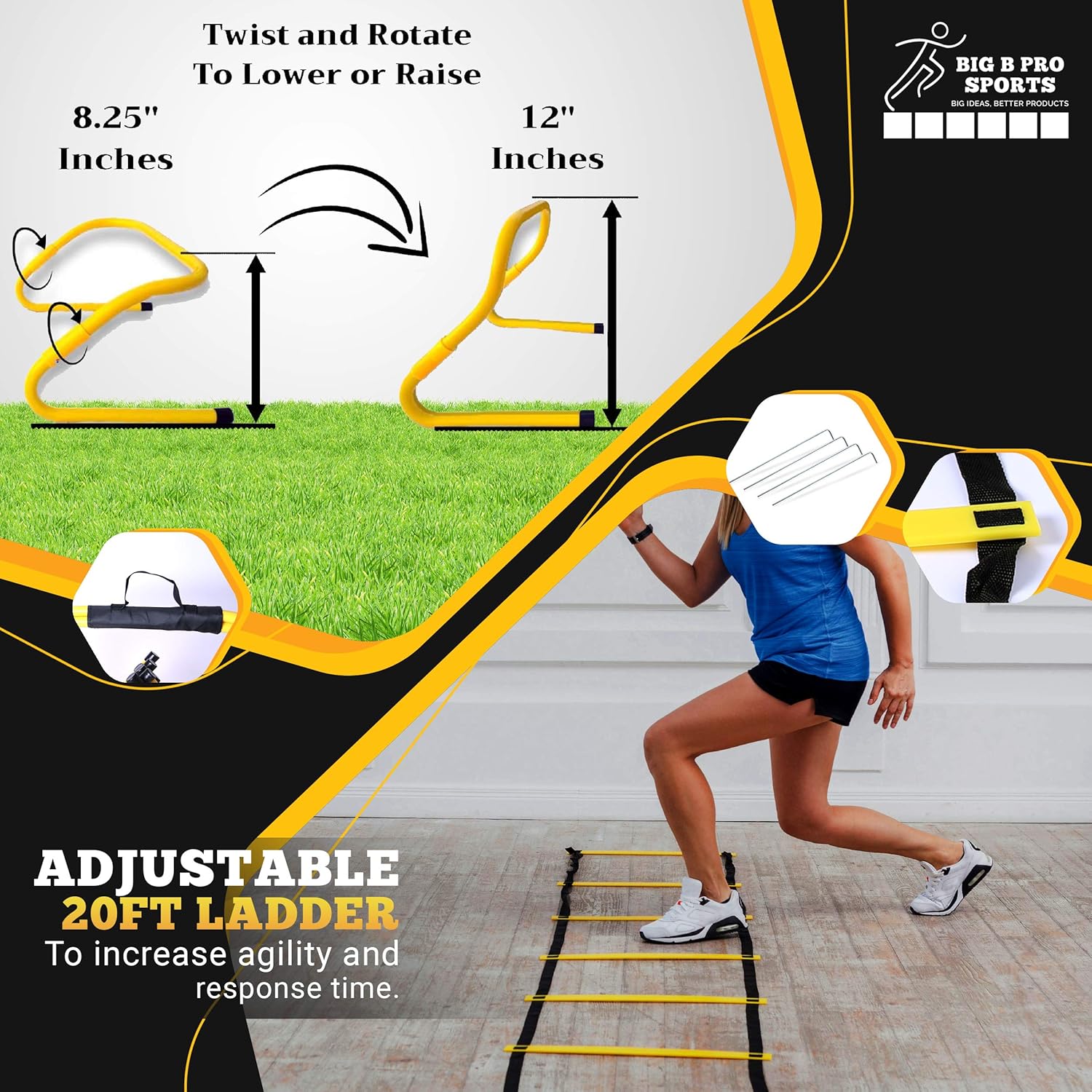 Big B Pro Sports Speed Agility Training Set - Includes Ladder, 20 Cones with Holder, Running Parachute, Jump Rope, Resistance Bands, and Hurdles for Training Football, Soccer, and Basketball Athletes : Sports & Outdoors