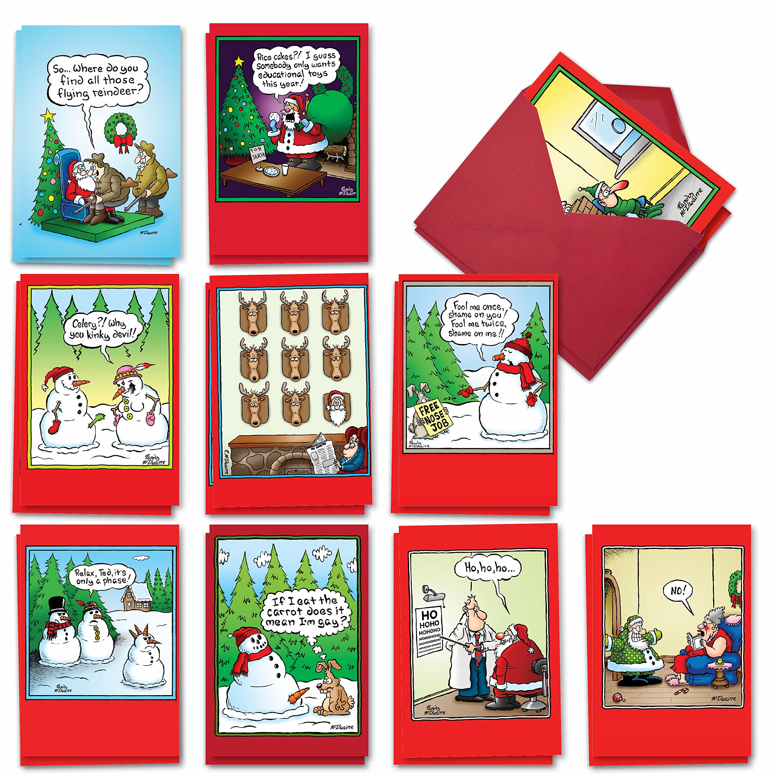 NobleWorks Variety Pack of 20 Funny Christmas Cartoons Greeting Cards with Envelopes, Humor Holiday Assortment for Men and Women (10 Designs, 2 Each) - Holly Jolly Rice Cakes AC5557XSG-B2x10