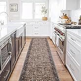 RYB HOME Washable Kitchen Runner Rug 2x6 for Hallway Enterway, Floral Vintage Boho Distresssed Rug Soft Faux Wool Stain Resistant Non Slip Door Mat Runner for Bathroom Laundry, 2x6 ft, Brown