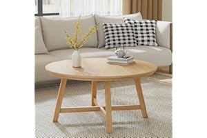 Modern 36 Inch Round Coffee Table – Industrial Style Center Table, Black Metal Frame, Wood Grain Top, Thick Legs, Adjustable 