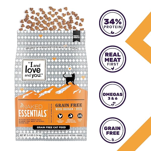 I AND LOVE AND YOU NAKED ESSENTIALS DRY CAT FOOD – CHICKEN + DUCK – GRAIN FREE, REAL MEAT, NO FILLERS, PREBIOTICS + PROBIOTICS, 3.4LB BAG