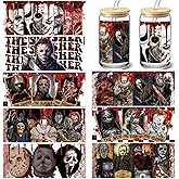 8 Sheets UV DTF Cup Wraps Sticker, Halloween Scary Movie Characters Rub on Transfers for Glass 16 oz, Creative Festival Decoration, No Heat Needed Ready to Apply