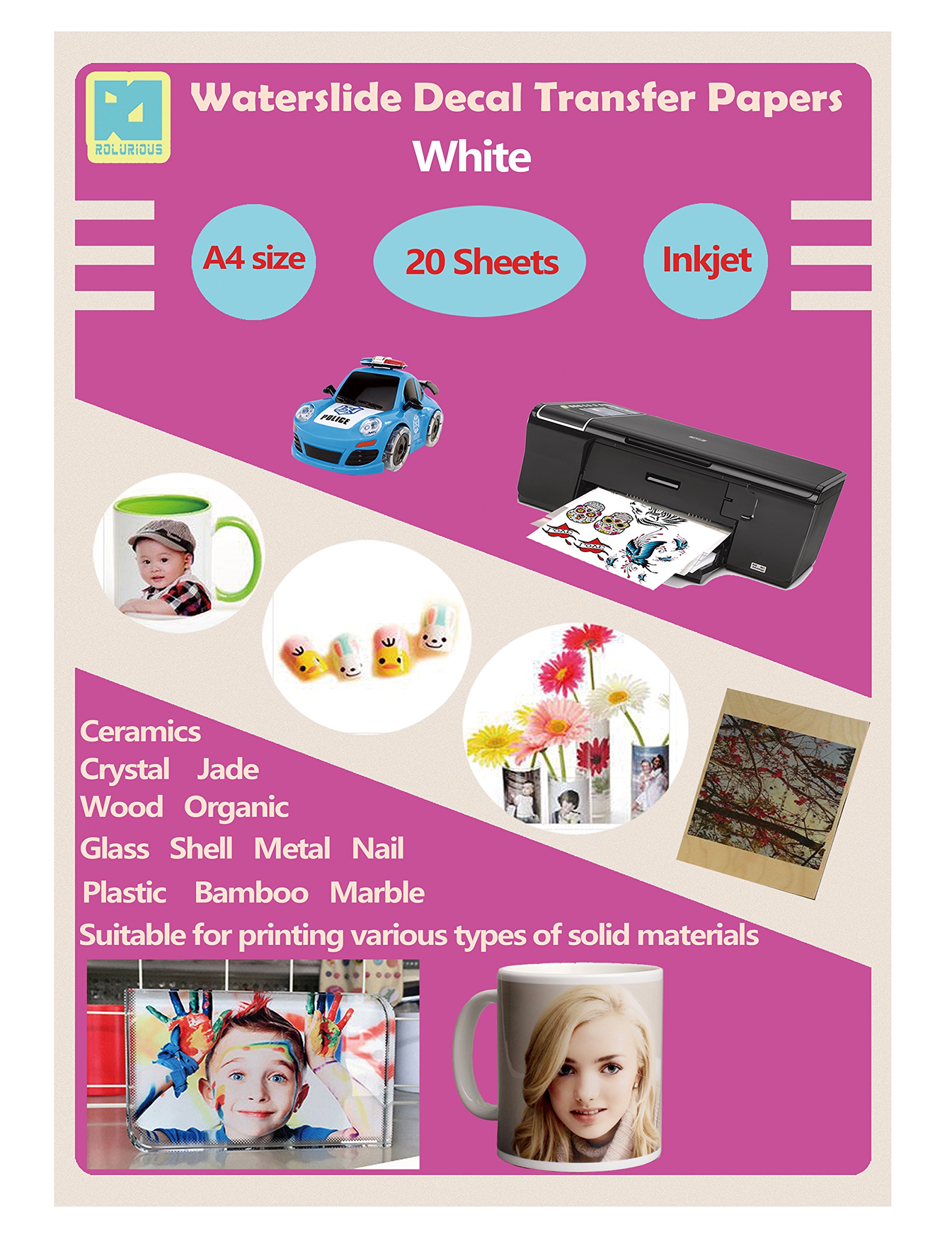 Rolurious 20 Sheets Inkjet White Waterslide Decal Paper A4 Size DIY Printable Water Slide Transfer for Tumblers Mugs Glasses Wood