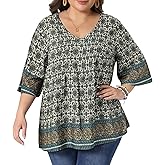 Agnes Orinda Plus Size Top for Women V Neck 3/4 Sleeve Floral Print Dressy Tops Casual Work Tunic Blouses