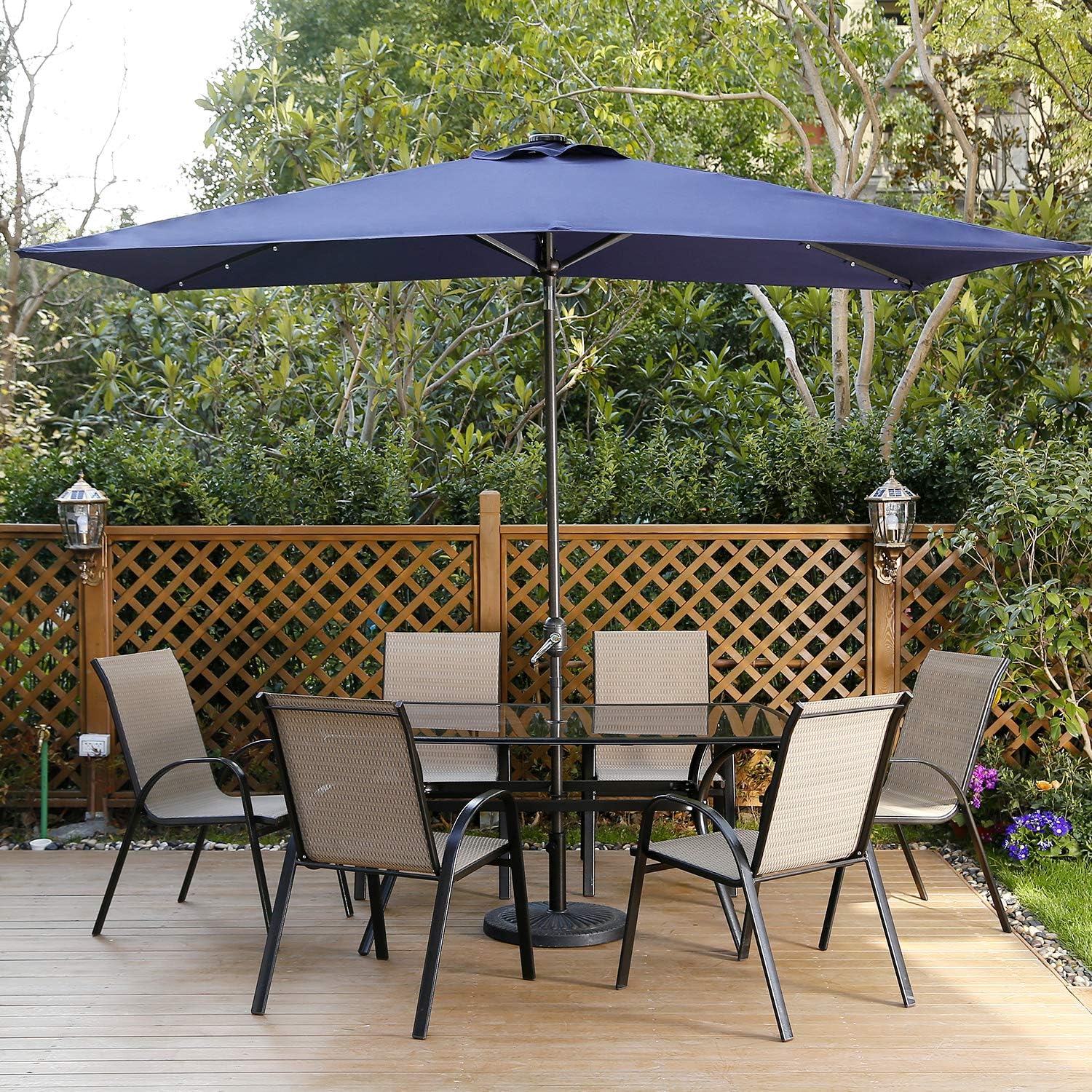 Amazon Com Aok Garden 6 5 10 Ft Rectangular Patio Umbrella With Solar Lights Outdoor Table Umbrella With Push Button Tilt Crank 6 Sturdy Ribs For Market Deck Backyard Dark Blue Clothing