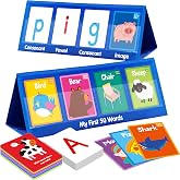 Word Building Desktop Pocket Chart, 48 CVC Words &amp; 50 First Words, Double-Sided Tent Word Builder, Vocabulary Learning Flashcards Set for Kindergarten Reading and Spelling
