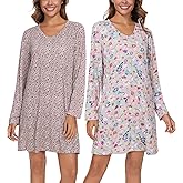 Kabento 2 Pack Long Sleeve Nightgowns for Women Soft Cotton Night Gowns Sleepwear V Neck Nightshirts
