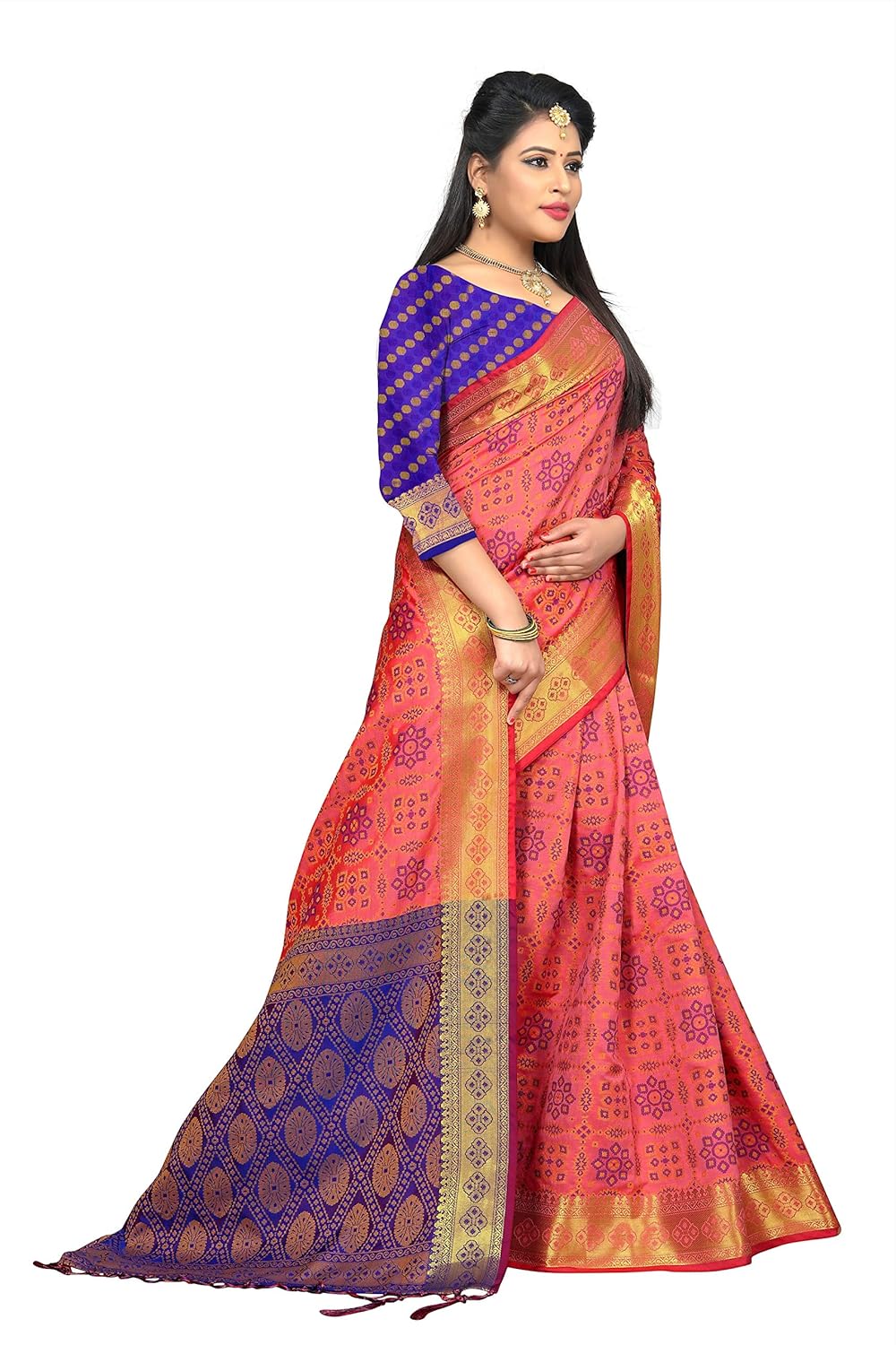fabrica fab women's pink and blue patola silk saree with blouse piece