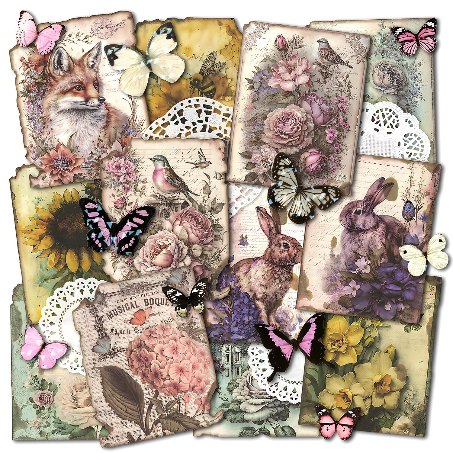 Vintage Flower Pattern Set Scrapbook Decorative Kraft Paper with Laser Butterfly Stickers for Journal Card Making Collaging Art and Craft (Lost)