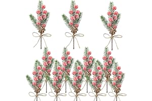 Bacucine 12PCS Christmas Berries Pine Cones Artificial Tree Picks Christmas Decorations with Snow Covered Evergreen Pine Bran