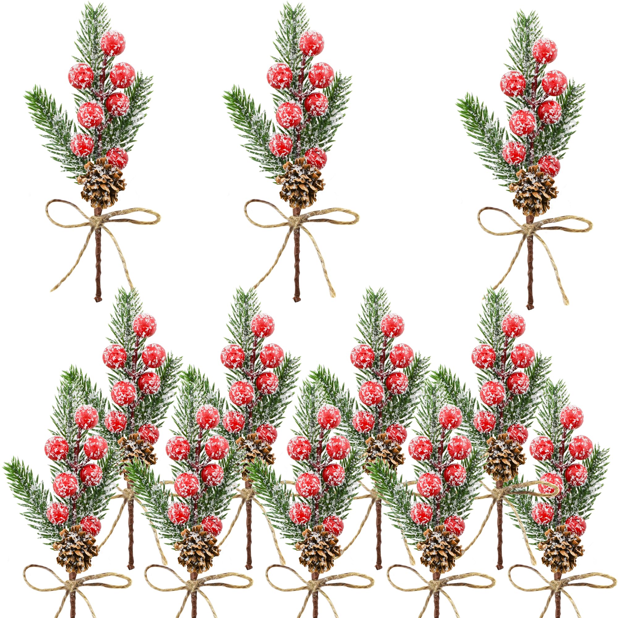 Bacucine 12PCS Christmas Berries Pine Cones Artificial Tree Picks Christmas Decorations with Snow Covered Evergreen Pine Branches for Holiday Family Gathering Craft Gift Wrap Decor