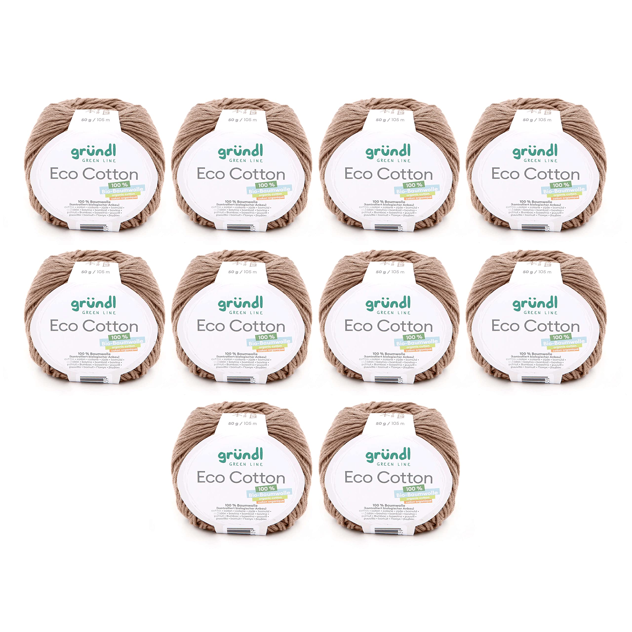 Gründl Eco Cotton Wool (Yarn Made from 100% Organic Cotton, Oeko-Tex® Certified, Easy to Clean and Washable, 50 g/105 m, Needle Size: 3.50-4.50 mm, 10 x 50 g), Mocha