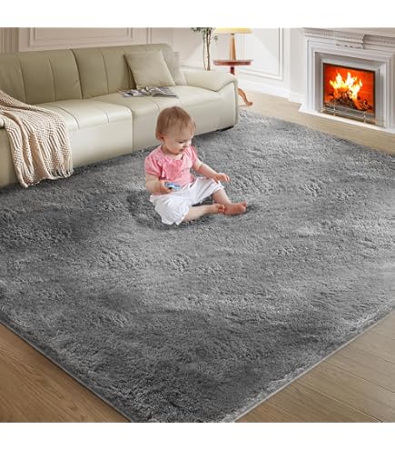 Rugs for Living Room 6x9 Ft Grey, Large Big Fluffy Shag Fuzzy