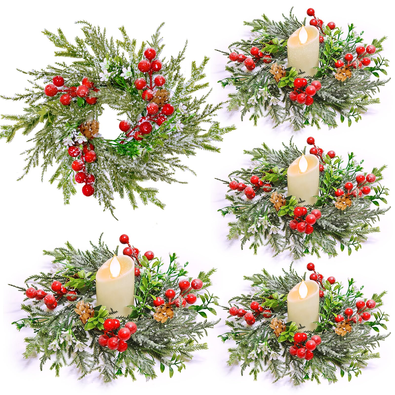 Photo 1 of [Snowy] 4 Pcs Christmas Candle Rings Wreaths, Mini Wreaths - 9"x3.5" Real Touch Cedar Wreath with Cypress Snowy Pinecones & Red Berry Christmas Candle Ring Holder for Home Table Centerpiece Decor