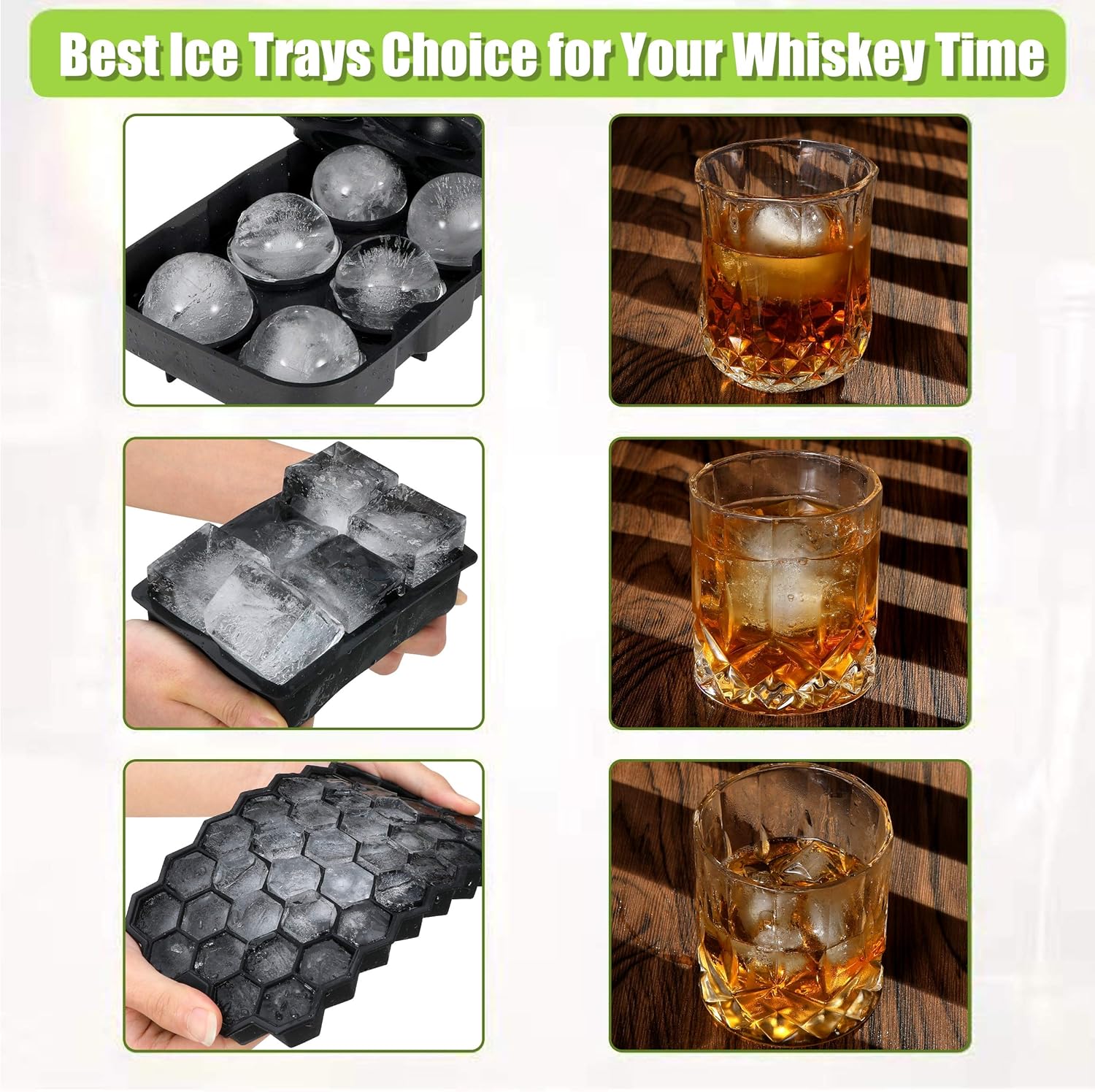 Ice Cube Tray, Silicone Ice Cube Molds for Freezer with Lid (Set of 4) - Sphere Ice Ball, Large Square, Diamond Cut & Hexagonal Shapes Ice Maker for Whiskey, Reusable and BPA Free: Kitchen & Dining