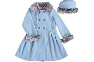 Good Lad Toddler and 4/6X Girls Blue Double Breasted Fleece Coat with Faux Fur Collar Cuff Matching Hat