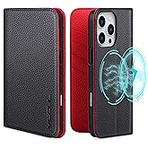 VISOUL Wallet Case for iPhone 16 Pro Max, Pebbled Genuine Leather Wallet Case with Card Holder Kickstand Flip Folio Cover Designed for iPhone 16 Pro Max(6.9 inch)-Black+Red