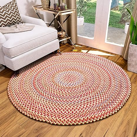 Amazon Com Super Area Rugs Roxbury American Made Braided Rug For Indoor Outdoor Spaces Red Natural Multi 4 Round Furniture Decor