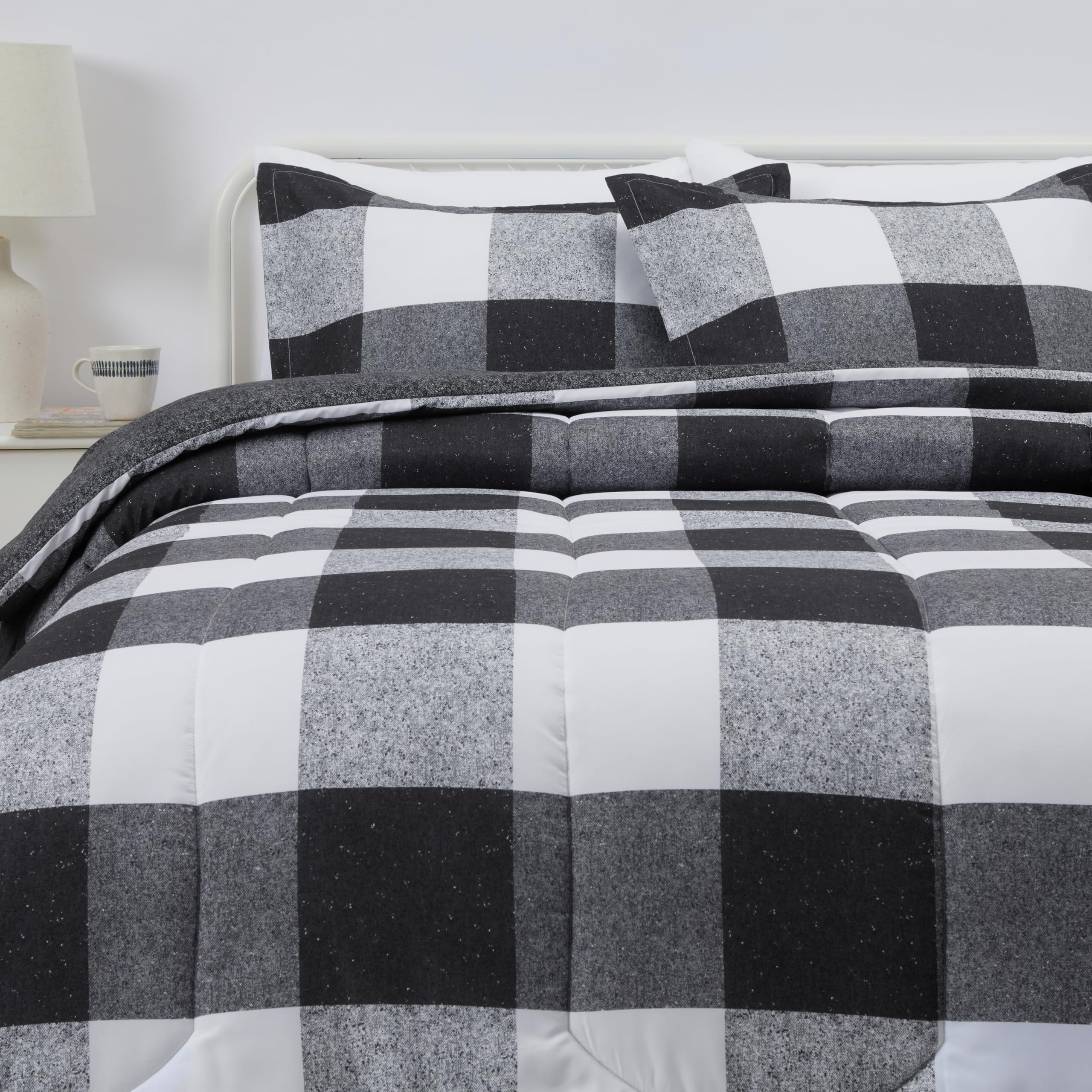 Amazon Basics Lightweight Microfiber Comforter Sets, 3-Pieces, Black/White,Checkerboard, Full/Queen Image