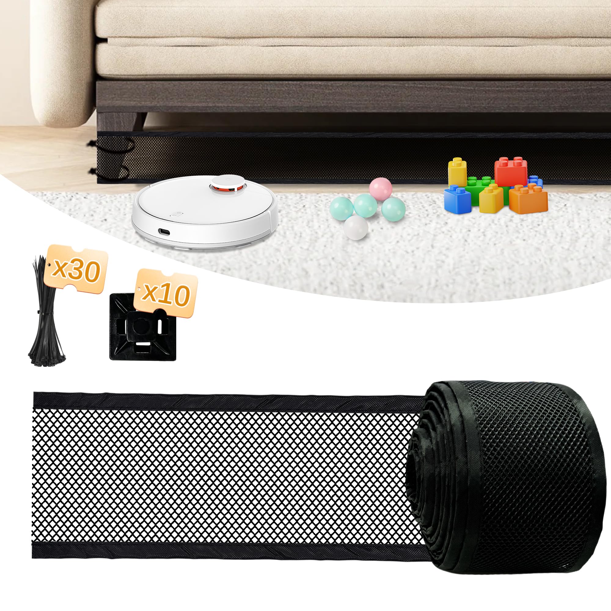 Photo 1 of GRETMIX Under Couch Blocker, 4"x 394" Under Furniture Blocker with 30 Cable Ties, Stop Things Going Under Sofa Couch Bed, Couch Blockers for Pets Toys Easy to Install, Black