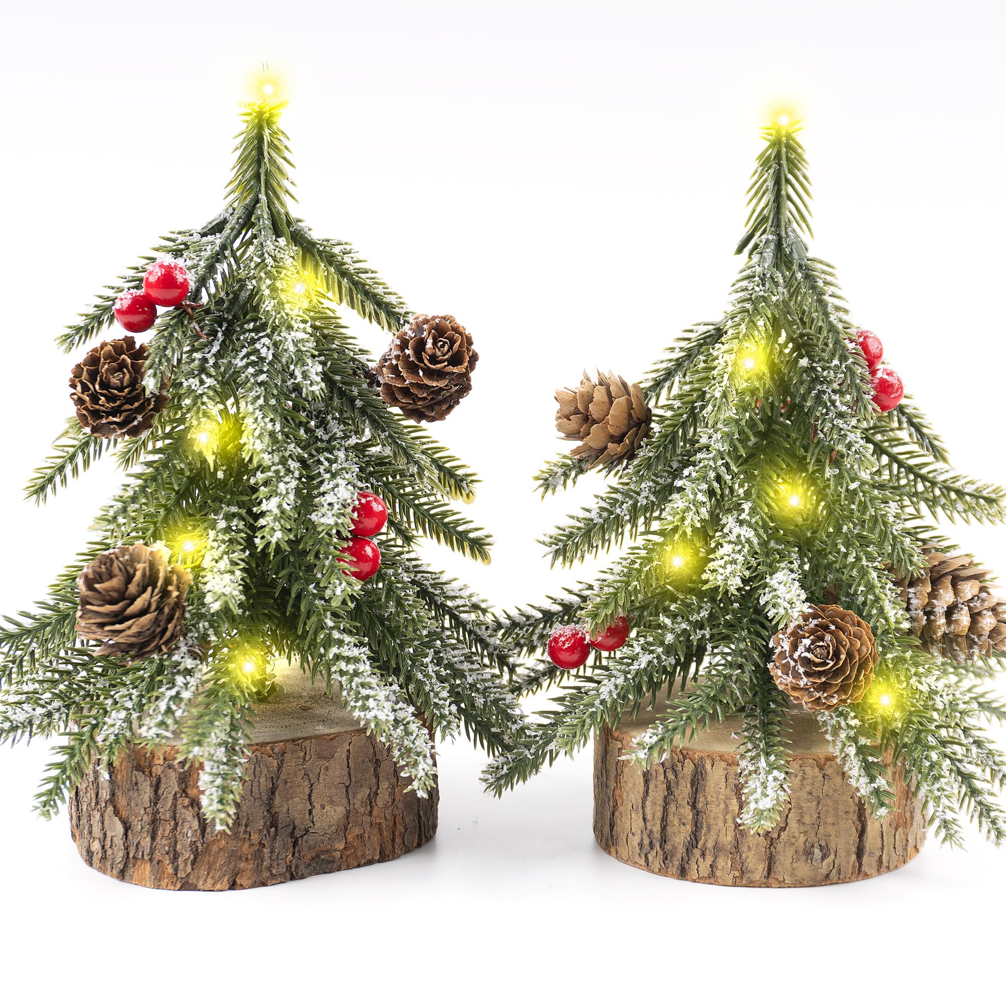 Photo 1 of 2 Pack Artificial Christmas Tabletop Mini Pine Trees, 6.5 in Tall Lighted Holiday Decorations with Wooden Base, Red Berries, Pine Cones Snowflake for Home Table Windowsill Office Desk Mantel