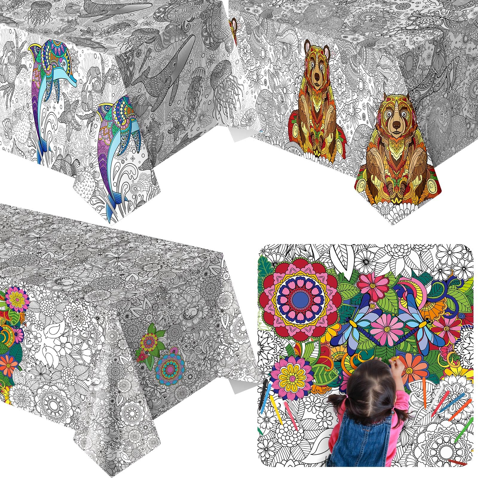 Photo 1 of Sayglossy 3 Pcs Mandala Coloring Tablecloth 54 x 108 Inch Ocean Land Animal Drawing Poster End of The Year Gifts for Students Bulk for Craft Activity(Mandala)