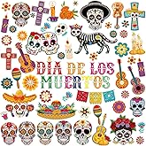 Tellingyou 89pcs Day of The Dead Gel Window Clings Dia De Los Muertos Stickers Flower Sugar Skull Window Gel Decals for Festival Mexican Fiesta Party Home Sticker Party Supplies