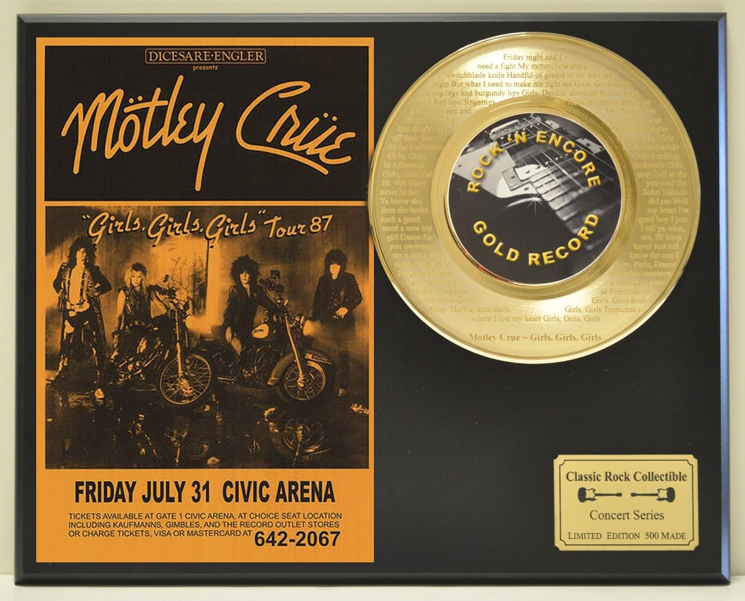 Motley Crue Girls Girls Girls 24kt Gold 45 Record Ltd Edition Display Laser Etched W Lyrics Only 500 Made Limited Quanities Free Us Shipping At Amazon S Entertainment Collectibles Store