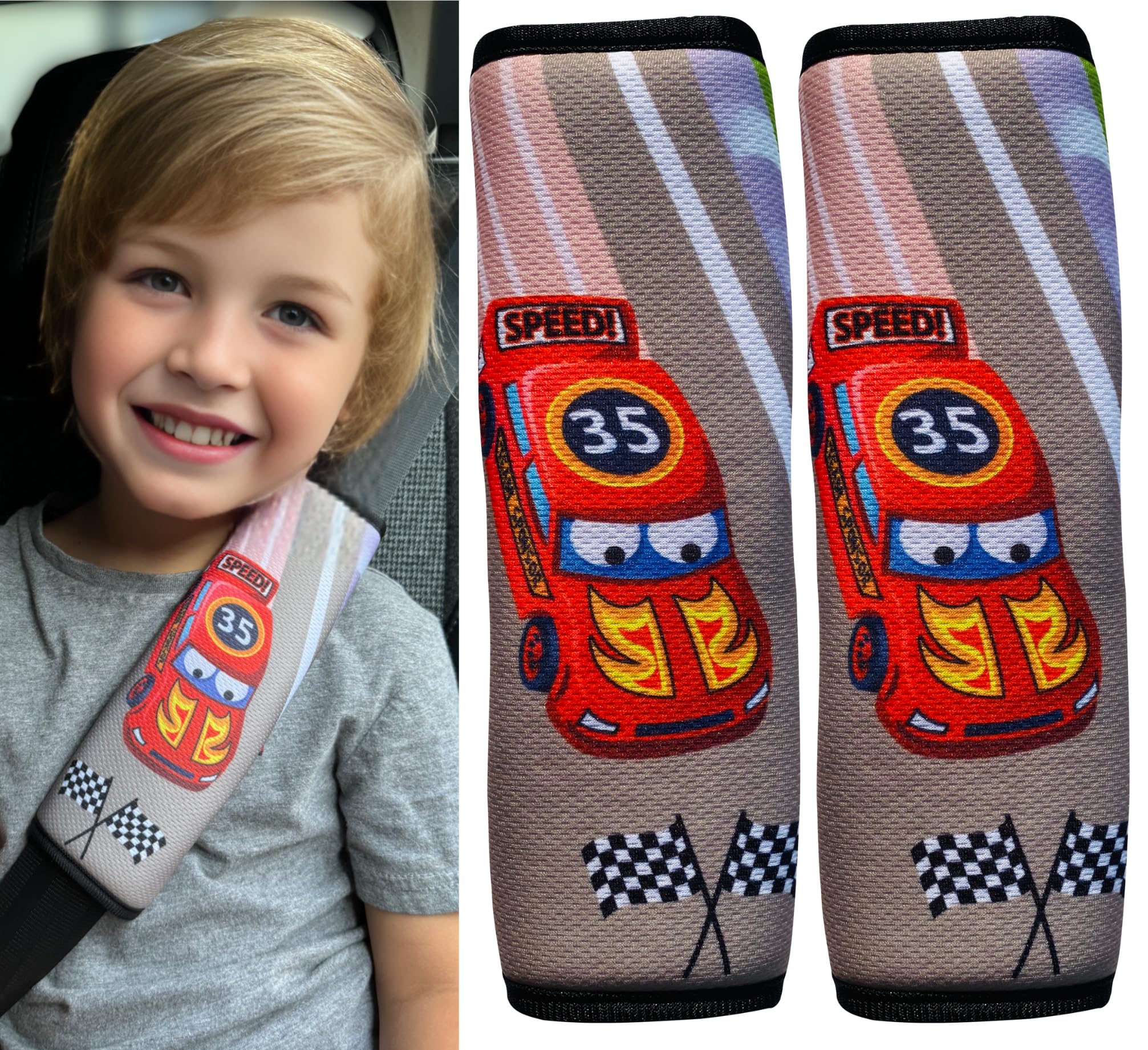 HECKBO 2X Kids Car Seat Belt Pads Seat Belt Protectors - Racing Cars - Seat Belt Pads for Kids and Babies- Ideal for Any Seat Belt Car Booster Seat Kids Bicycle