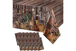 Tiamon 12 Pcs Western Party Tablecloth Western Cowboy Party Table Cover Cowboy Theme Plastic Tablecloth Wild West Wooden House Table Cover for Western Theme Birthday Party Supplies