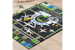 Isyorefam Play Rug for Playroom 59"x39" Airport Carpet for Kids Bedroom with Combined City Road Traffic System Aircraft Runway Playmat Rugs Carpet Non-Slip Washable Area Mat