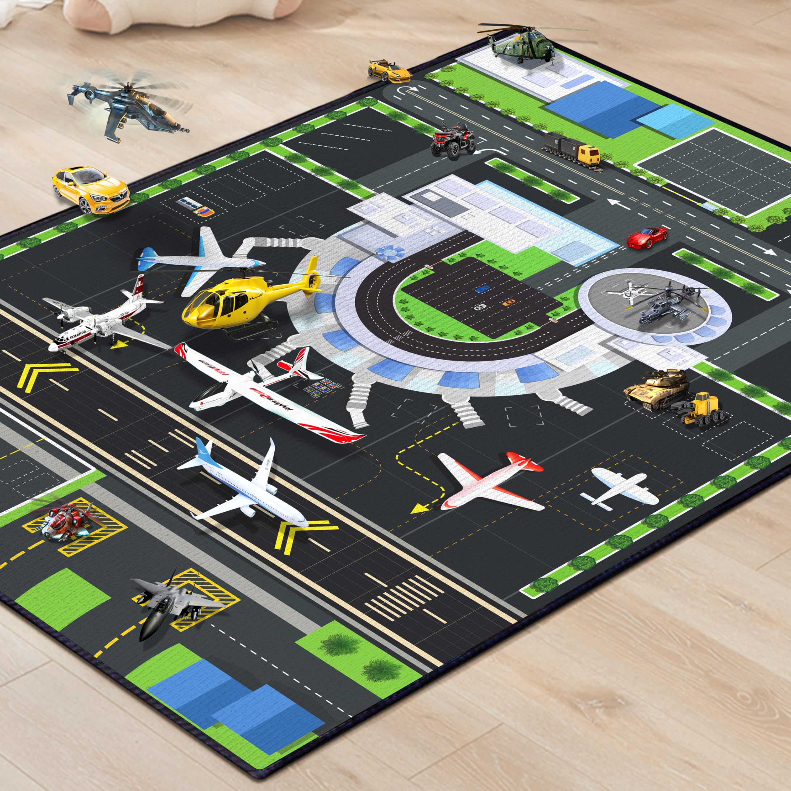 Photo 1 of Isyorefam Play Rug for Kids Playroom, 2x3 Airport Carpet with City Road Traffic System and Aircraft Runway, Airport Playmat Airplane Rugs Non-Slip Washable Area Mat for Boys Bedroom