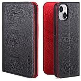 VISOUL Pebbled Leather Case for iPhone 14 Plus, Real Leather Wallet Folio Case with Card Holder Kickstand Magnetic Flip Cover Compatible with iPhone 14 Plus (6.7")-Black+Red