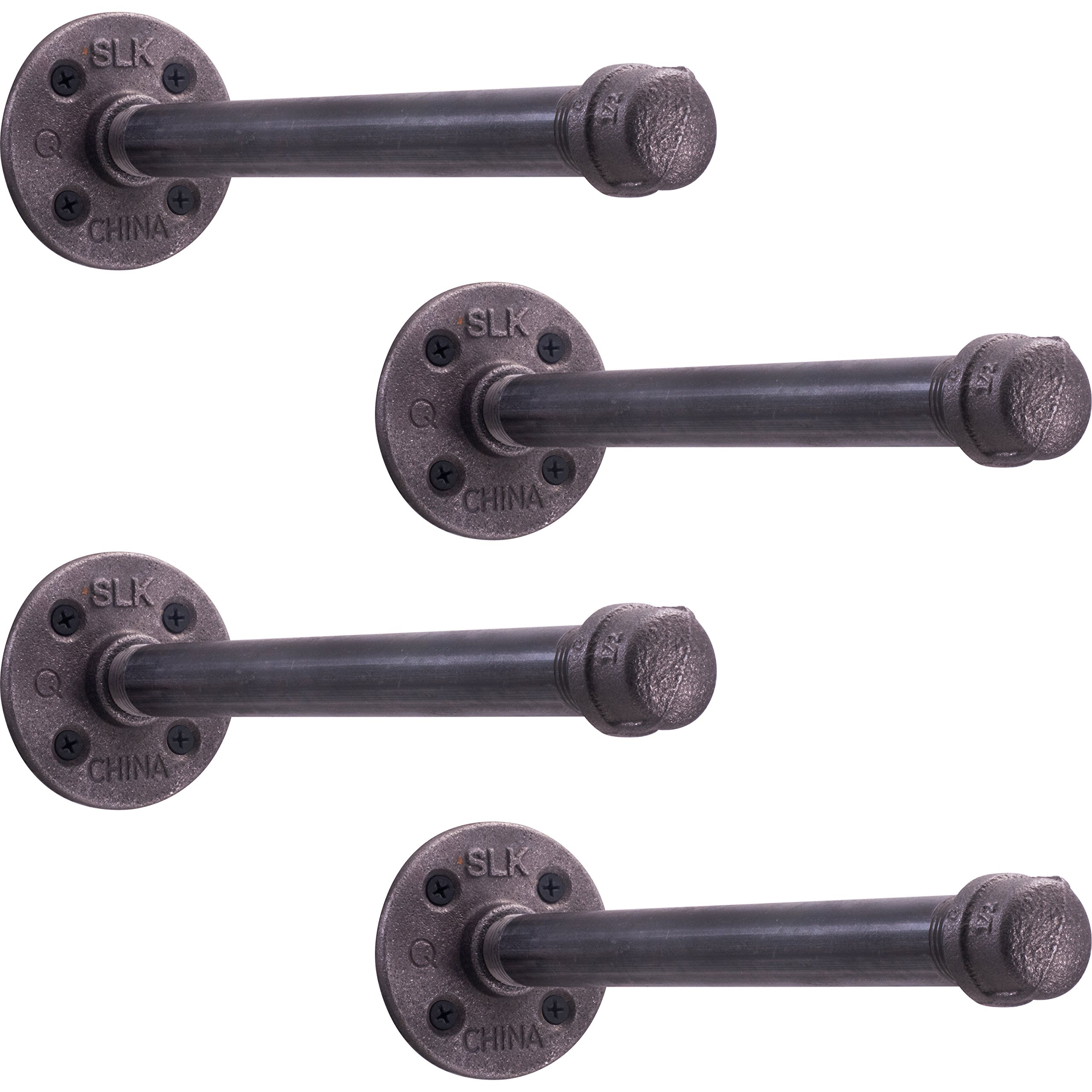 Rustic Pipe Decor Industrial Shelf Brackets Set of Four, Black Iron
