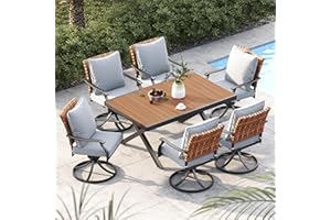 Grand patio 7-Piece Outdoor Dining Set, 6 Leather-Look Wicker Swivel Patio Chairs & 1 Extendable Rectangular Dining Table, Brown