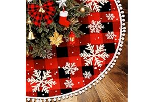 Sozize 36 inch Christmas Tree Skirt Red and Black Buffalo Plaid Tree Skirt with Snowflake Pattern & Pom Pom Edge Farmhouse Ru
