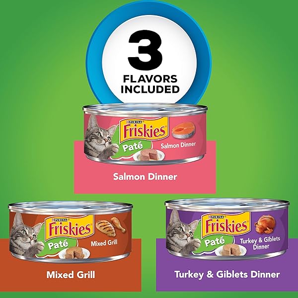 PURINA FRISKIES WET CAT FOOD PATE VARIETY PACK SALMON DINNER, TURKEY AND GIBLETS DINNER AND MIXED GRILL – (2 PACKS OF 12) 5.5 OZ. CANS