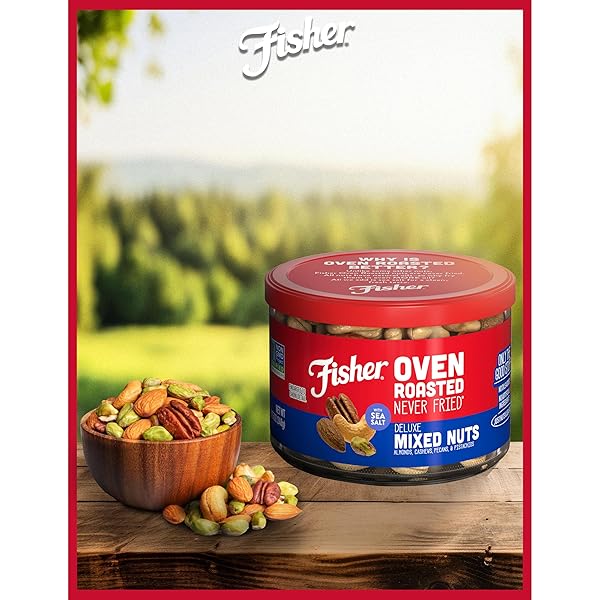 FISHER SNACK OVEN ROASTED NEVER FRIED, ALMONDS, CASHEWS, PECANS, PISTACHIOS, MADE WITH SEA SALT, DELUXE MIXED NUTS, 8.75 OZ