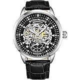 Stuhrling Original Mens Watch-Automatic Watch Skeleton Watches for Men - Black Leather Watch Strap Mechanical Watch Silver Ex