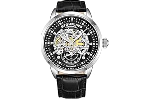 Stuhrling Original Mens Automatic Skeleton Watch - Black Leather Strap, Mechanical Silver Executive Watch