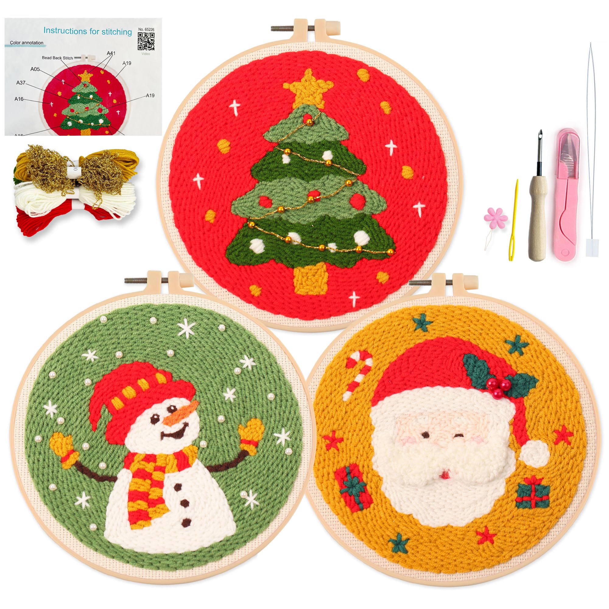 Myfelicity Punch Needle Kit, Punch Needle Kits Adults Beginner,Father Christmas and Christmas Tree Patterns, Complete with a Few Beads.