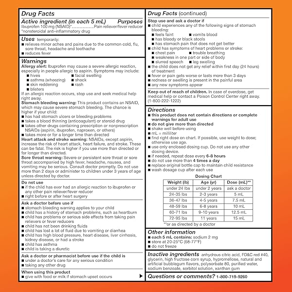 AMAZON BASIC CARE CHILDREN’S IBUPROFEN ORAL SUSPENSION 100 MG PER 5 ML, PAIN RELIEVER AND FEVER REDUCER (NSAID), BUBBLEGUM, FOR MINOR ACHES AND PAINS, HEADACHE RELIEF AND MORE, 8 FL OZ (PACK OF 1)