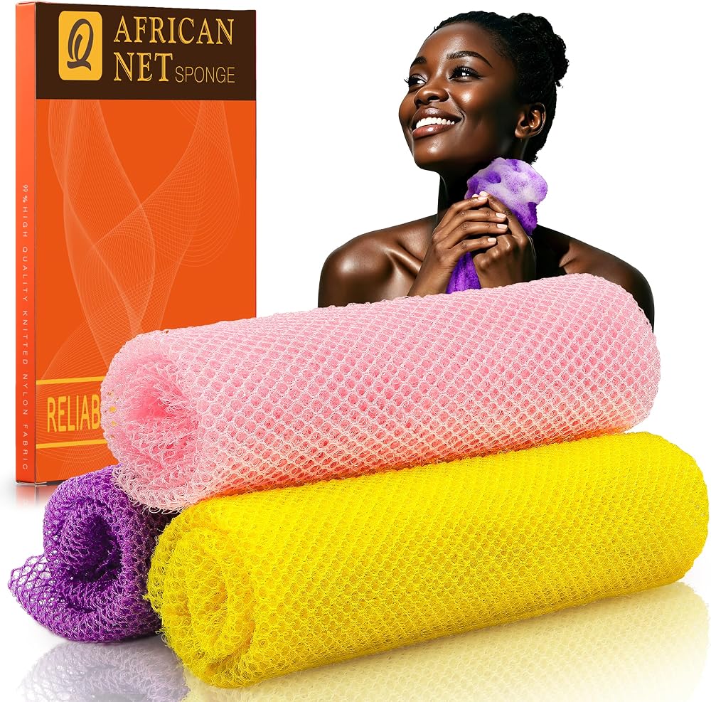 UJFQBH 3 Pieces African Bath Sponge African Net Long Net Bath Sponge Exfoliating Shower Body Scrubber Back Scrubber Skin Smoo