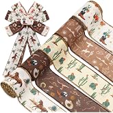 JarThenaAMCS Western Cowboy Wired Edge Ribbon Wild West Horse Cactus Craft Ribbon Beige Brown Fabric Ribbons for Wreath Bow DIY Wrapping Party Decor, 5 Rolls, 30 Yard