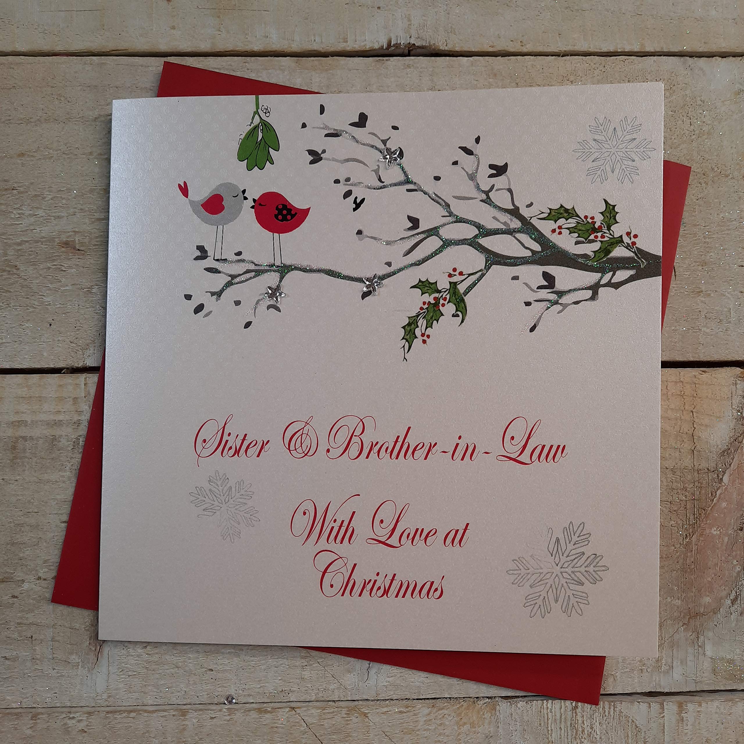 White Cotton Cards Sister and Brother-in-Law with Love at Christmas Handmade Robins in Tree Card (X14-109)