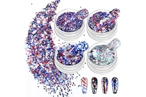 Allstarry Nail Glitter 4Pcs Holographic America's Patriotic Nail Art Glitter Sparkly Red Blue Chunky Flakes Veterans Day Body Sequin 4th of July Decoration for Olympics Party Manicure Independence Day