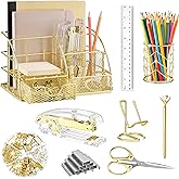 KAAKOW Gold Desk Organizers and Accessories Office Supplies Set Stapler, Pen Holder, Phone Holder, Scissors, Pen, Ruler, 30 Paper Clips, 22 Binder Clip, 20 Tacks and 1000pcs Staples (Gold)